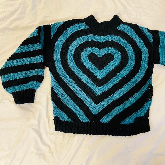 Handmade Crochet Heart Sweater Black Teal Balloon Sleeve Chunky Knit Turtleneck - Picture 5 of 7